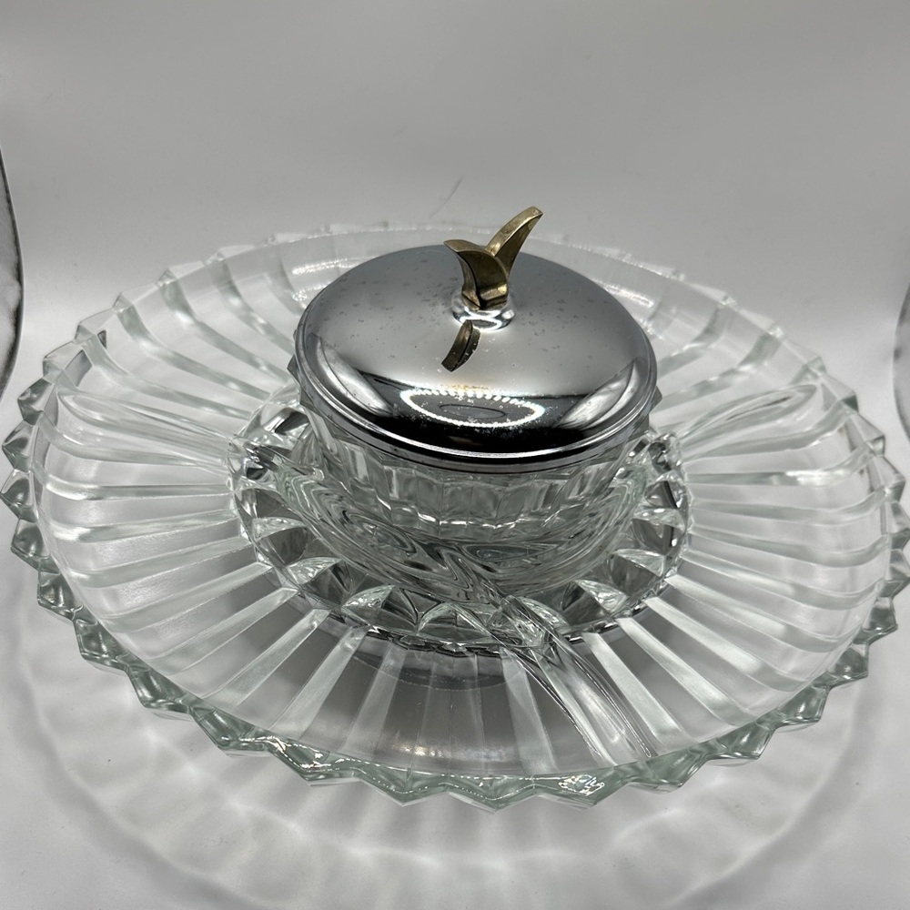 Vintage Kromex  Glass Platter Dish Relish Tray 4 Sections w/ Separate Bowl w/lid